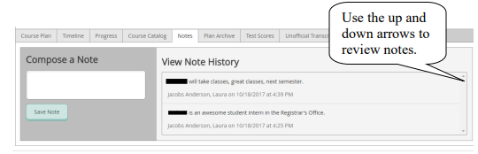 Screenshot showing how to use the up and down arrows to review advising notes.