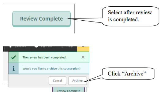 Screenshot showing how to archive a plan after review is complete.