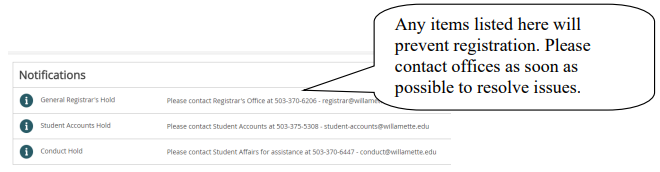 Screenshot showing the notifications that can appear in SAGE to inform the student of accounts holds that prevent registration.