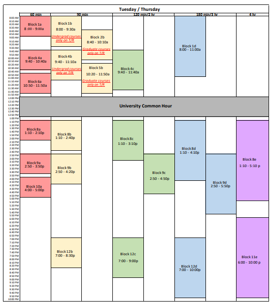 Screenshot showing the bell schedule for the Salem campus on Tuesdays and Thursdays.