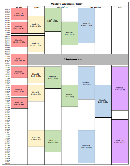 Screenshot showing the bell schedule for the Salem campus on Mondays, Wednesdays, and Fridays.