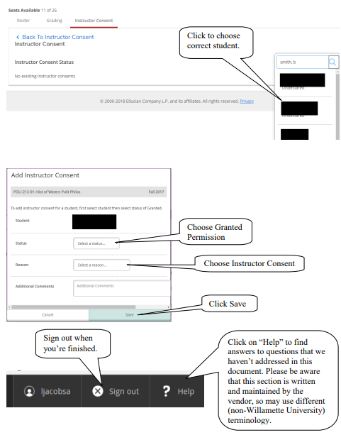 Screenshot showing how to complete the process of adding instructor consent.