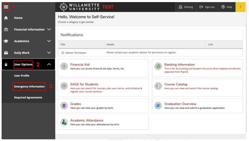 Screenshot showing where to find the emergency contact information in SAGE.