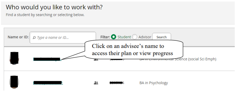Screenshot showing how to access an advisee's degree plan.