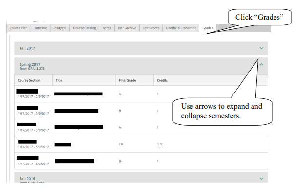 Screenshot showing where to view grades and grade point averages by semester.