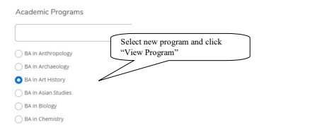 Screenshot showing where to select a different academic program.
