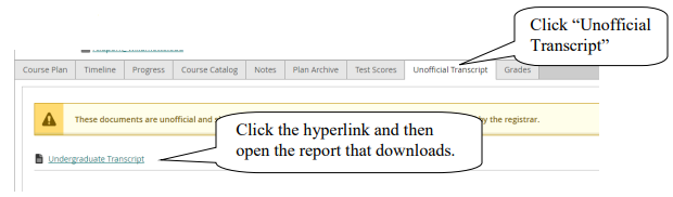 Screenshot showing where to view and download an unofficial transcript.